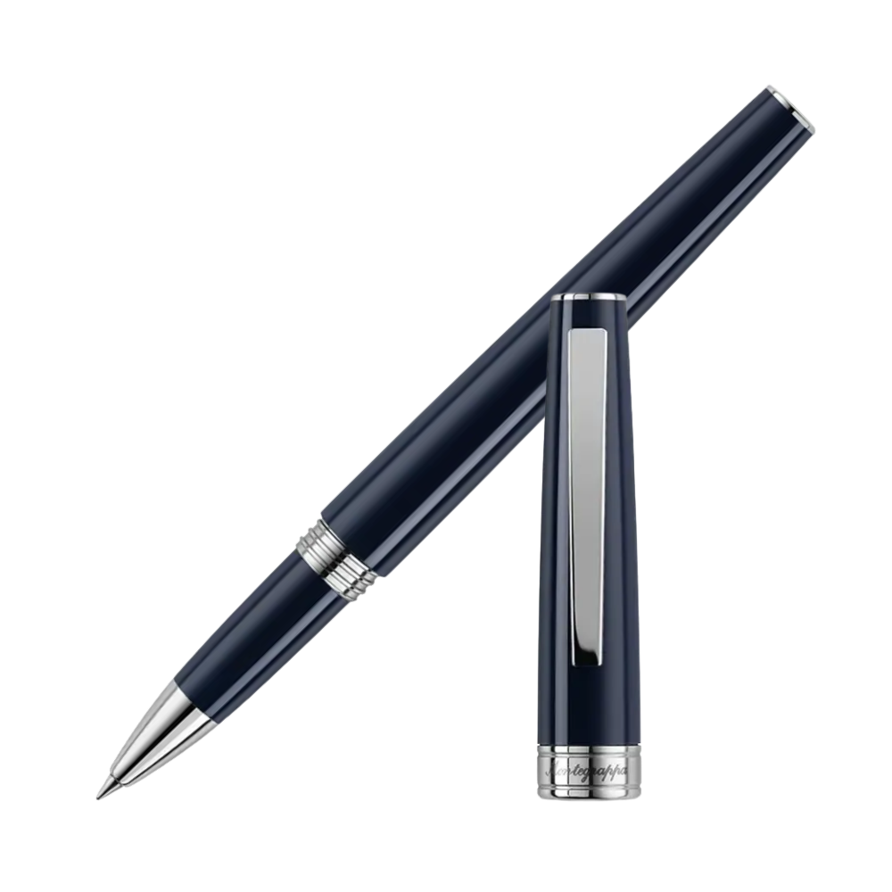 Montegrappa Armonia Dark Blue Rollerball Pen with a sleek dark blue resin barrel and polished stainless steel trim for an elegant look.