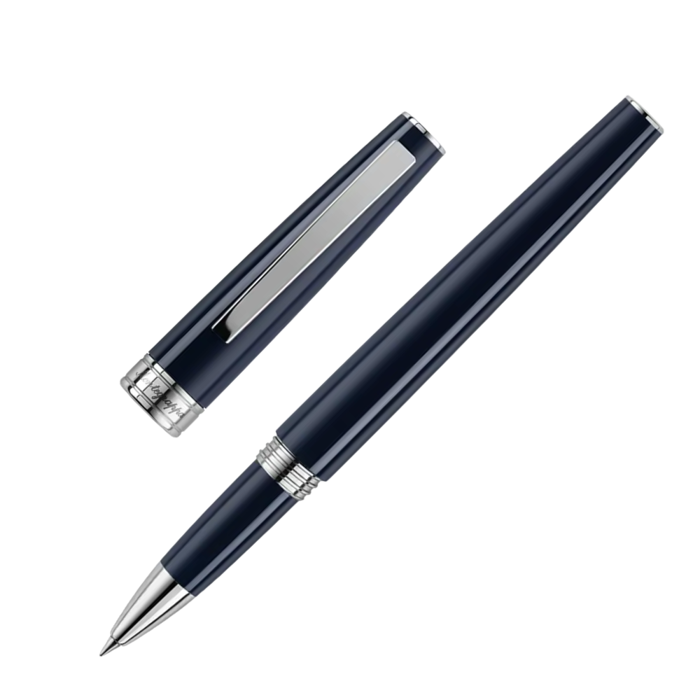 Side view of the Montegrappa Armonia Dark Blue Rollerball Pen, emphasizing the glossy blue resin body and stainless steel details.