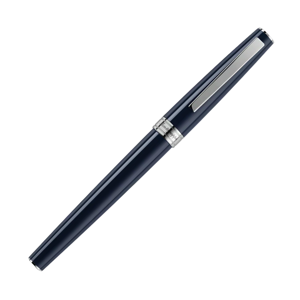Close-up of the Montegrappa Armonia Dark Blue Rollerball Pen, showcasing the smooth dark blue finish and stainless steel accents.