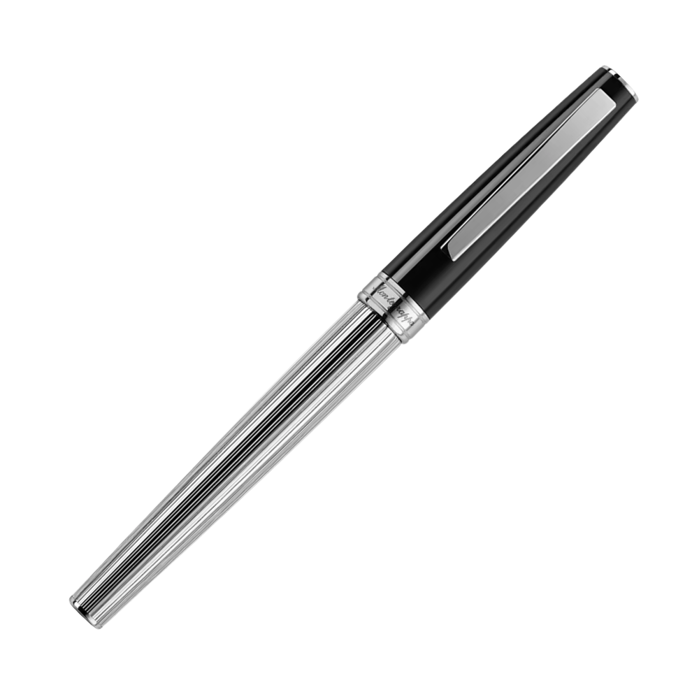 Montegrappa Armonia Duetto Black Rollerball Pen, close-up view of the pen with stainless steel accents.