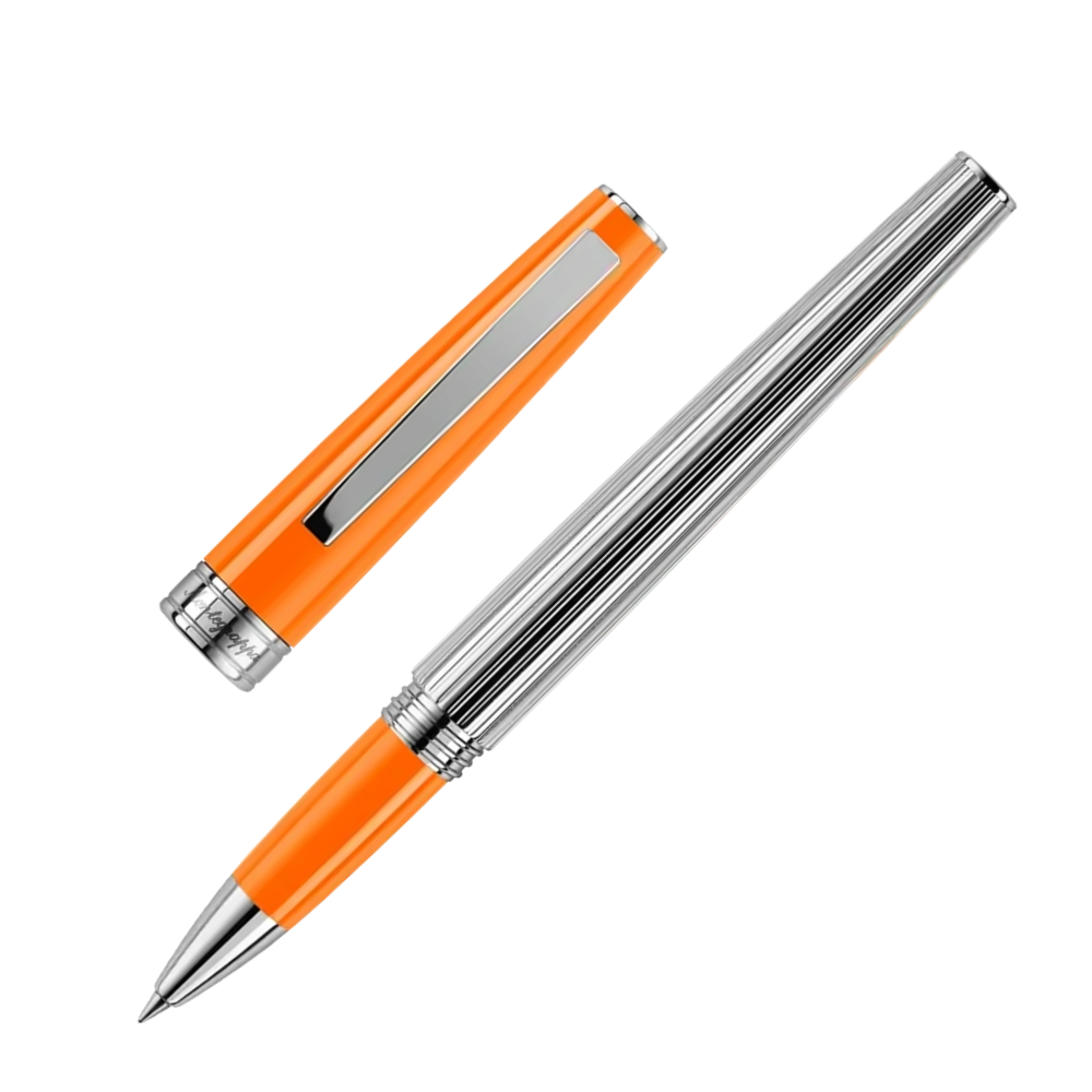 Montegrappa Armonia Duetto Orange Rollerball Pen, Nahaufnahme der Kappe und Spitze