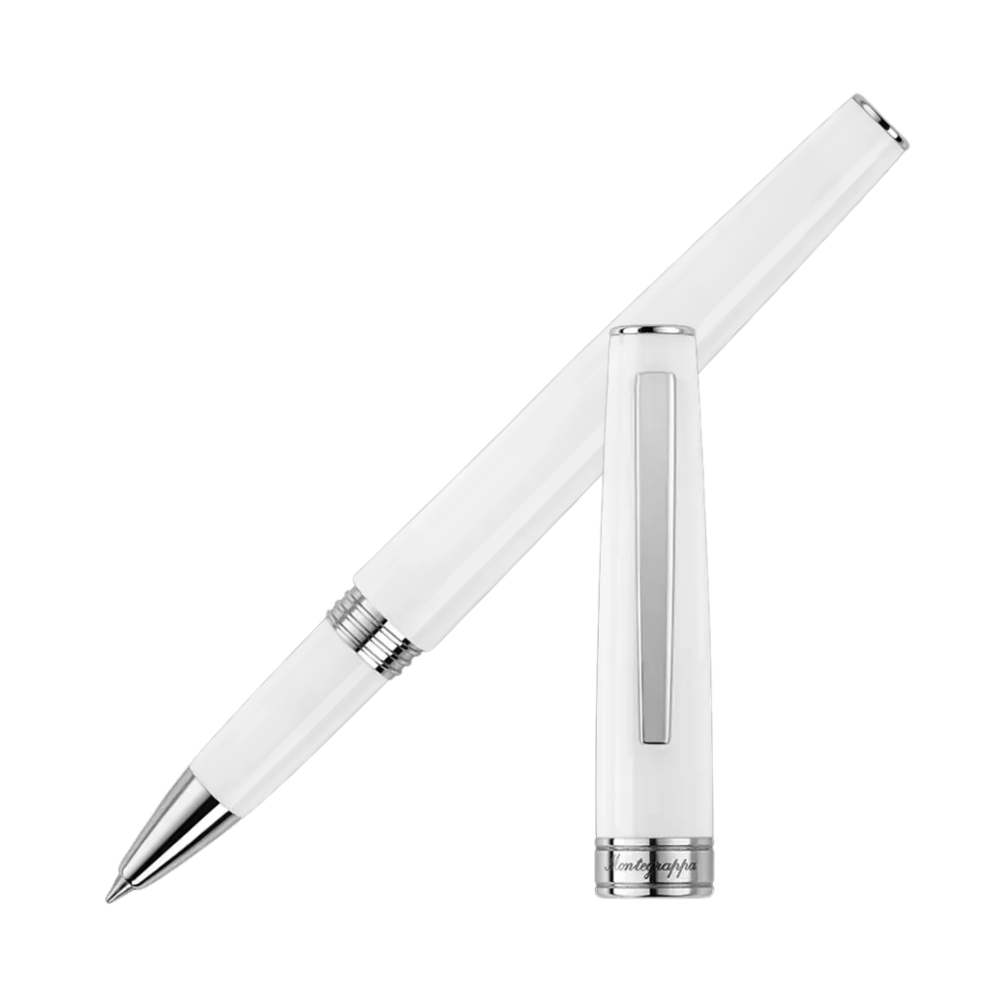 Montegrappa Armonia Frost Rollerball Pen with a sleek white resin barrel and stainless steel trim for an elegant look.