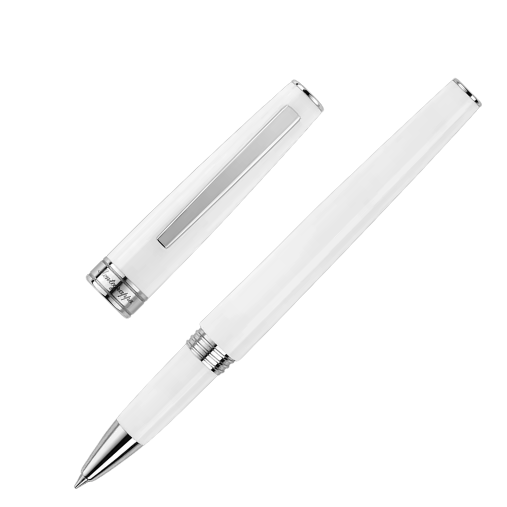 Side view of the Montegrappa Armonia Frost Rollerball Pen, highlighting the elegant white resin body and polished stainless steel details.