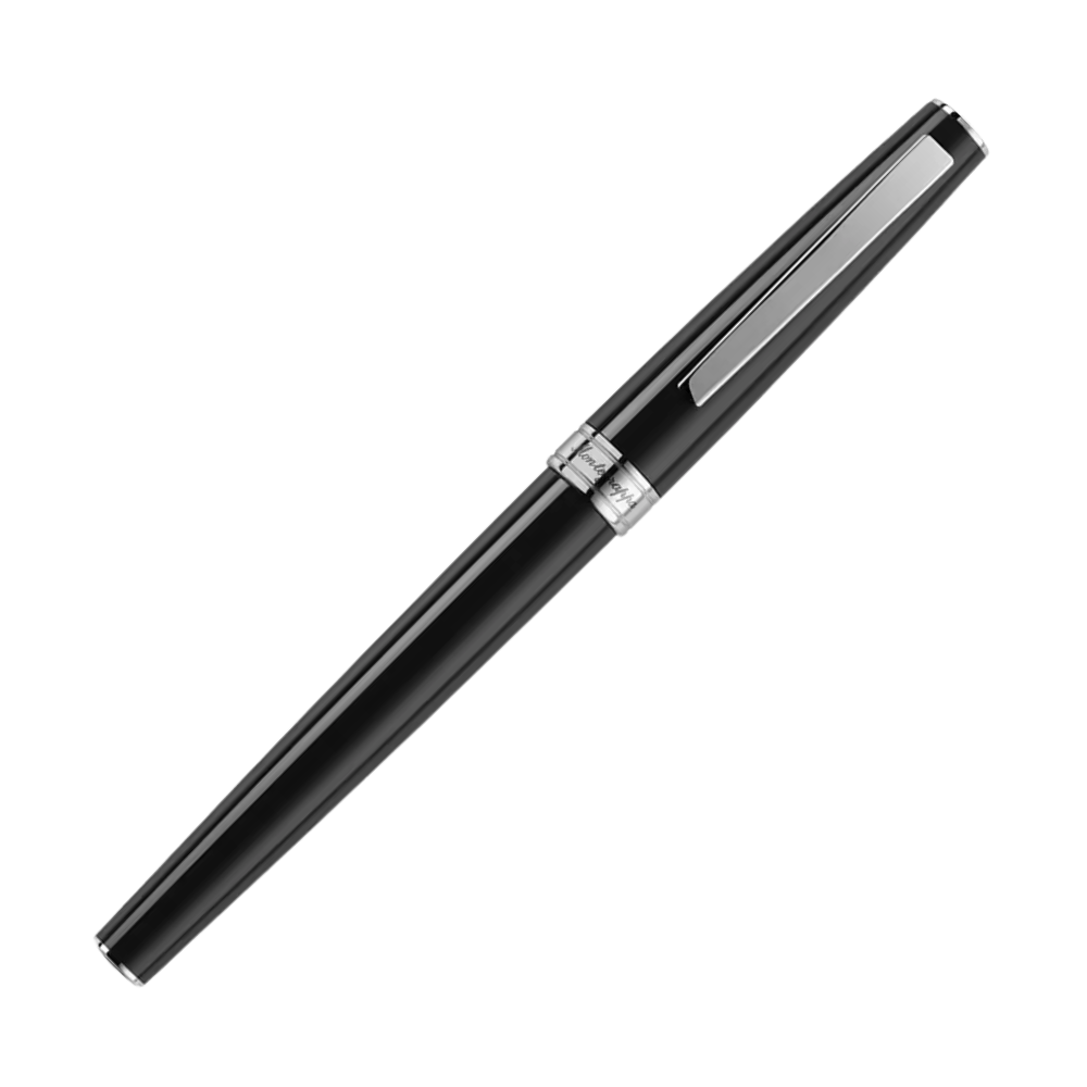 Montegrappa Armonia Mini Black Rollerball Pen, seitliche Ansicht mit Edelstahlspitze