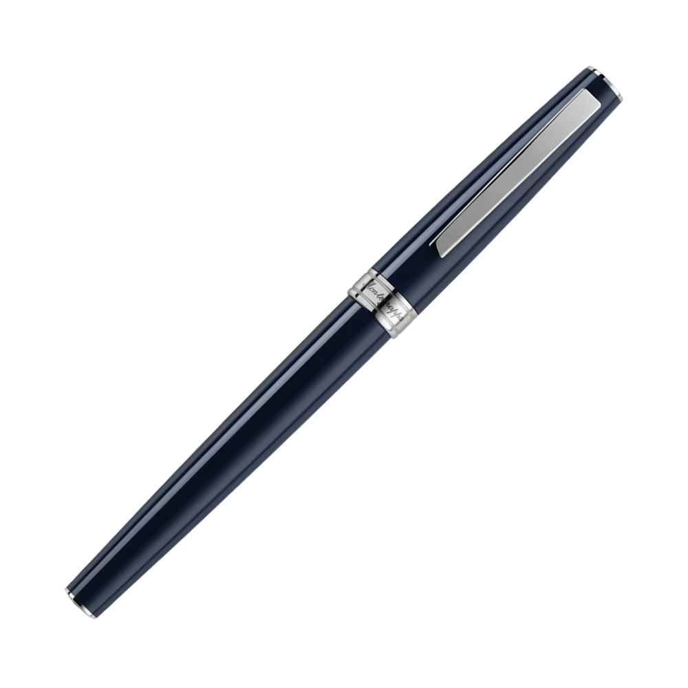 Montegrappa Armonia Mini Dark Blue Rollerball Pen, seitliche Ansicht mit Edelstahlspitze