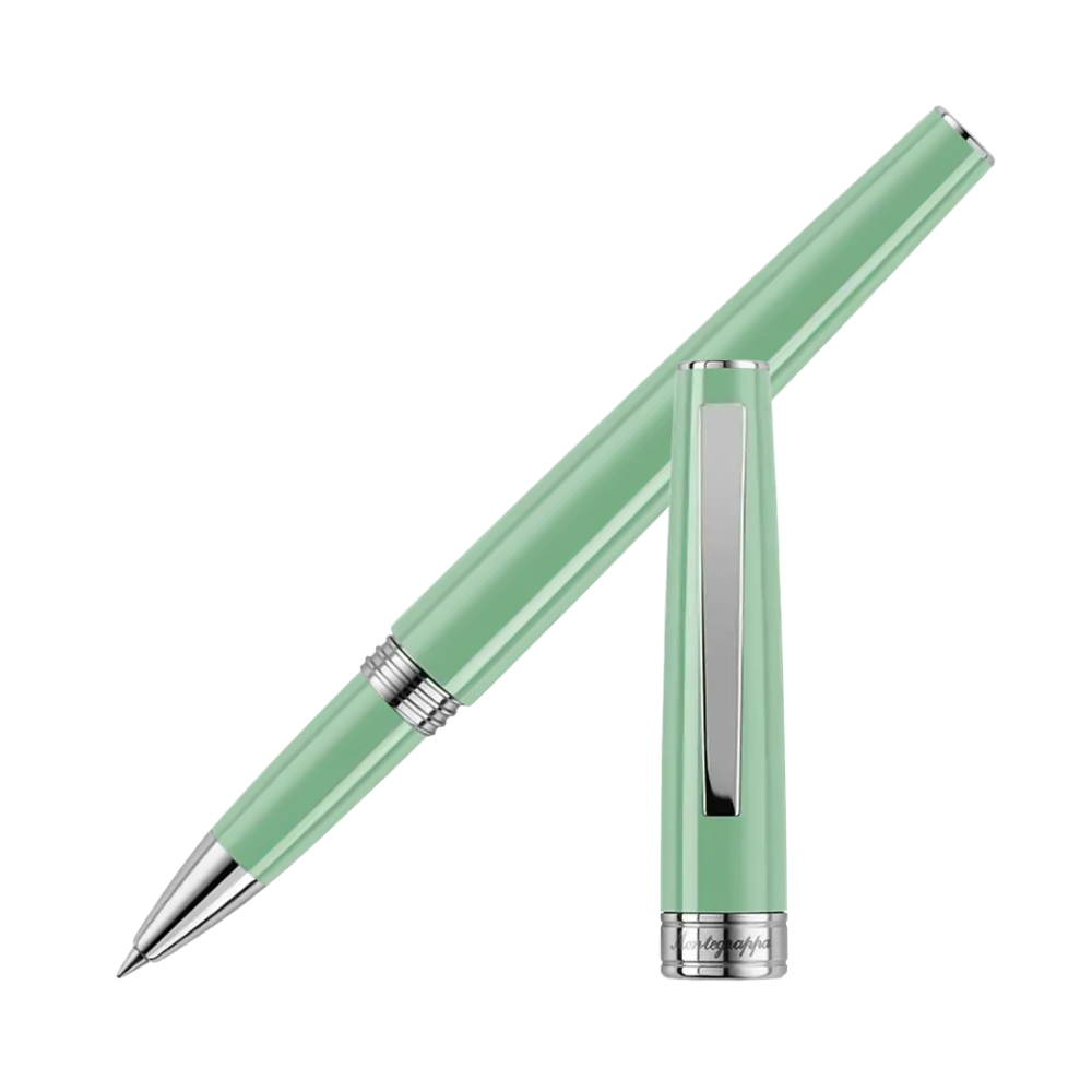Montegrappa Armonia Neo Mint Rollerball Pen with a sleek mint green resin barrel and polished stainless steel trim for a modern look.