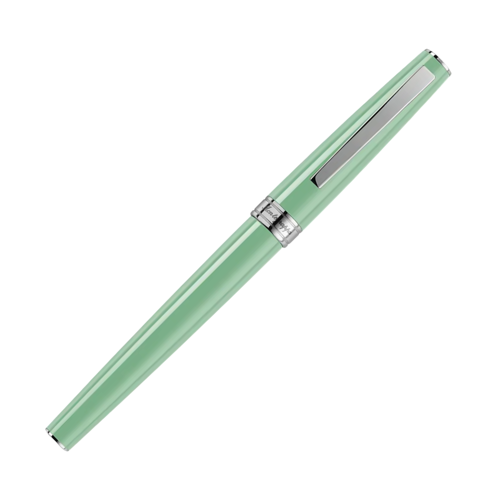 Side view of the Montegrappa Armonia Neo Mint Rollerball Pen, highlighting its smooth mint green finish and stainless steel accents.