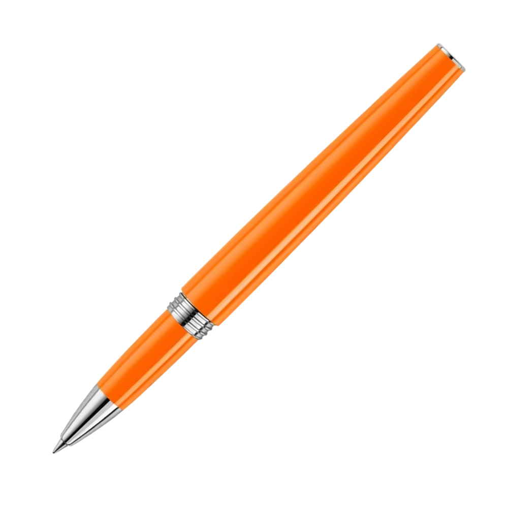 Montegrappa Armonia Orange Rollerball Pen displayed in its standard packaging, emphasizing its stylish design and vibrant color.