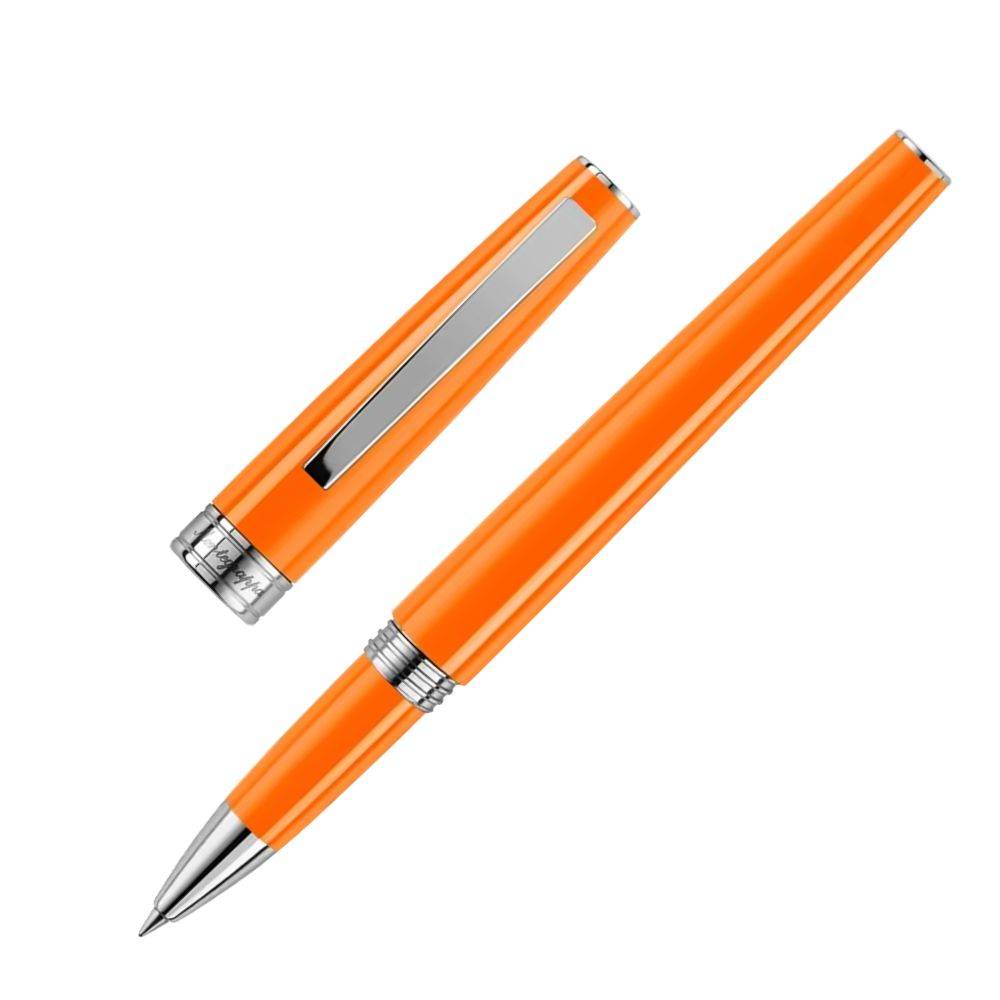 Side view of the Montegrappa Armonia Orange Rollerball Pen, highlighting its glossy orange resin body and stainless steel details.