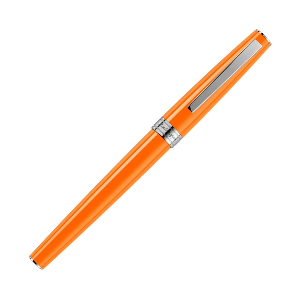 Close-up view of the Montegrappa Armonia Orange Rollerball Pen, showcasing its bold orange finish and stainless steel accents.