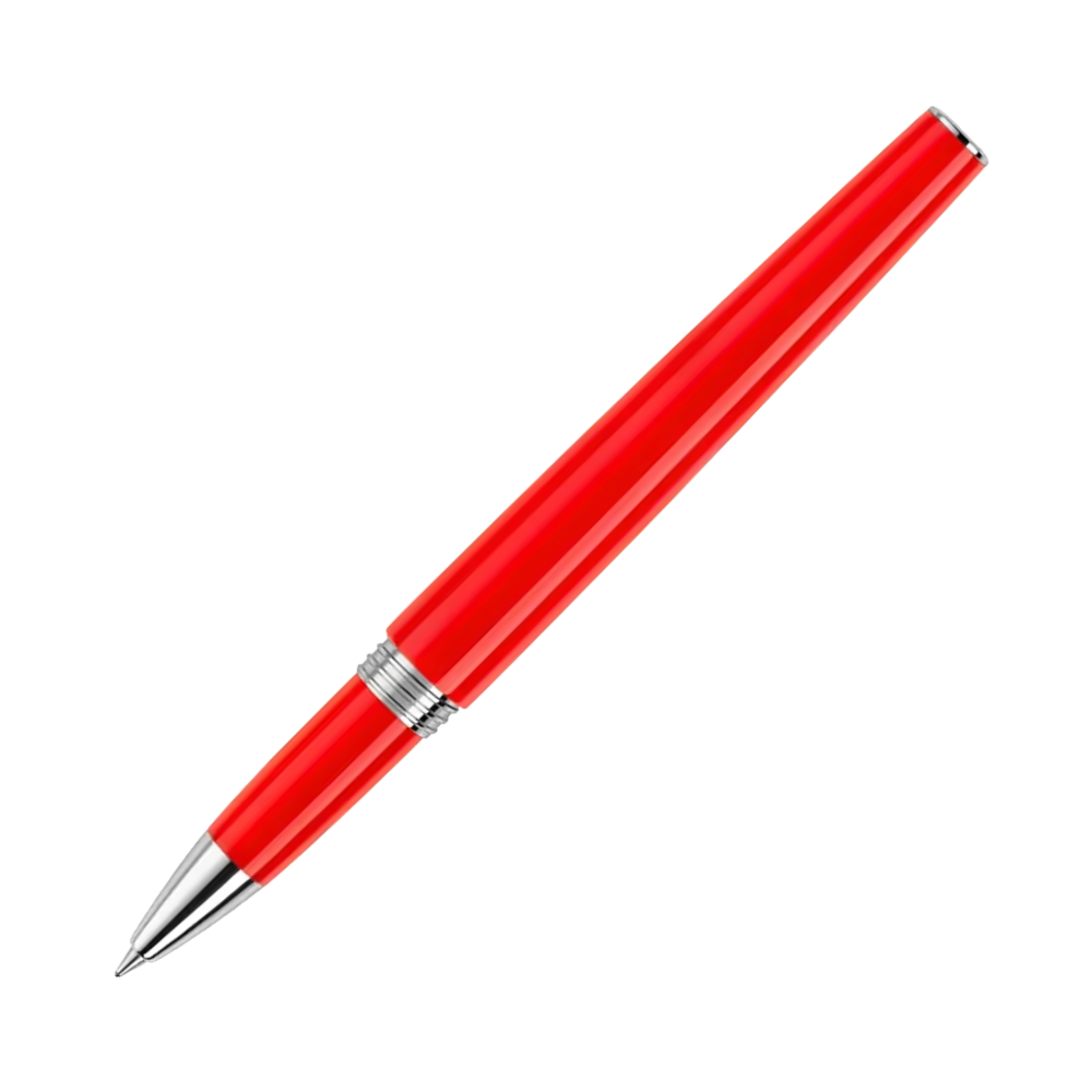 Montegrappa Armonia Scarlet Rollerball Pen displayed in its standard packaging, emphasizing the pen’s elegant design and smooth lines.