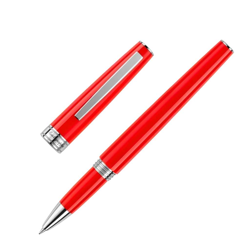 Side view of the Montegrappa Armonia Scarlet Rollerball Pen, highlighting its sleek red resin body and minimalistic, modern design.