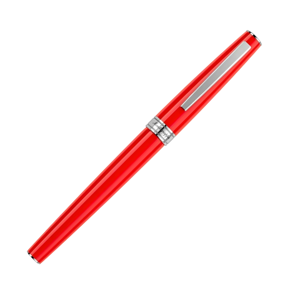 Close-up view of the Montegrappa Armonia Scarlet Rollerball Pen, showcasing the vibrant red finish and polished stainless steel accents.