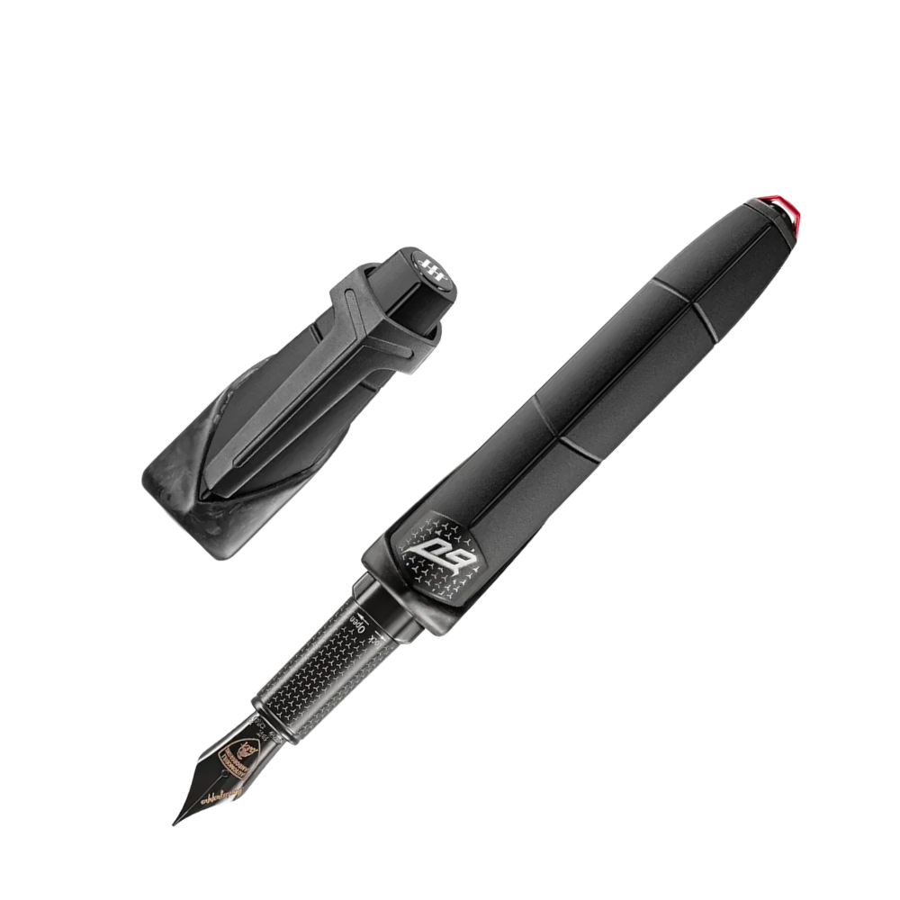 Montegrappa Automobili Lamborghini 60° Füllfederhalter, hochwertiges Material aus Aluminium und Carbon mit 18k Goldfeder.