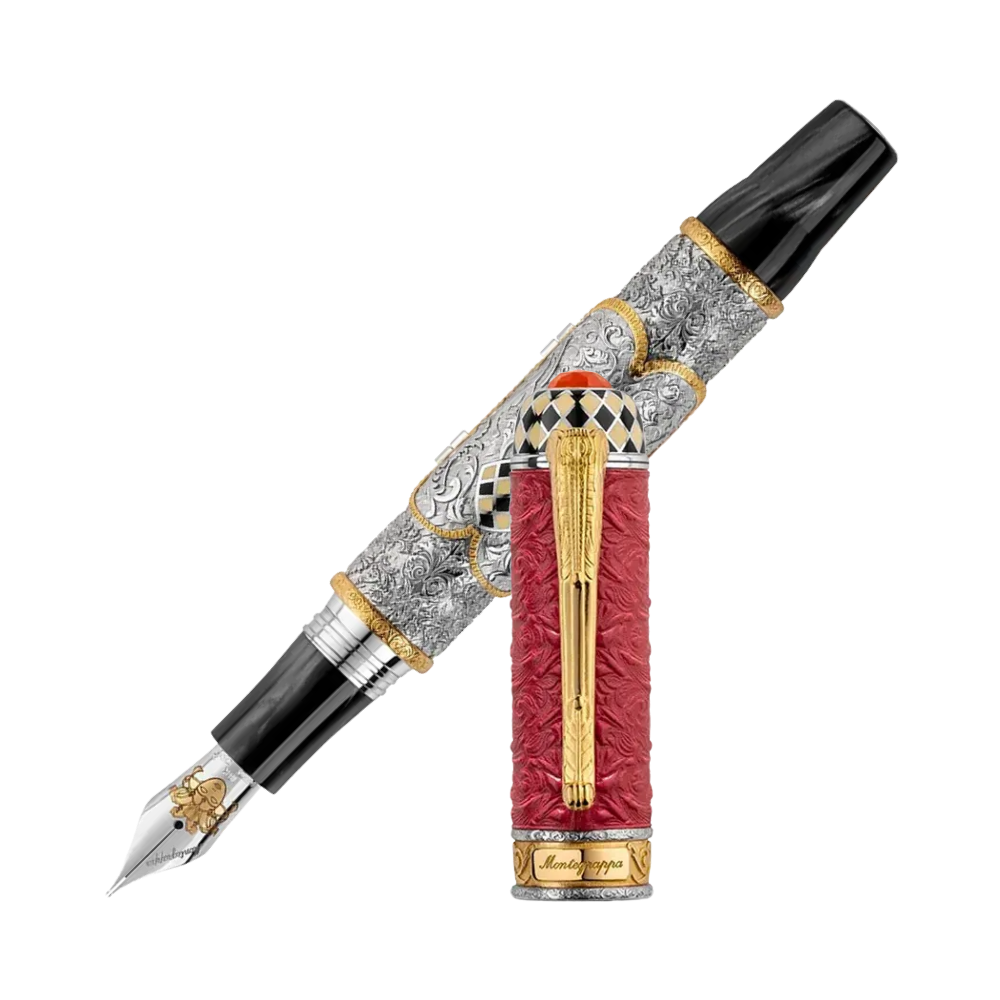 Montegrappa Casanova Füllfederhalter aus Leder und Sterlingsilber, vergoldete Details und 18k Goldfeder.