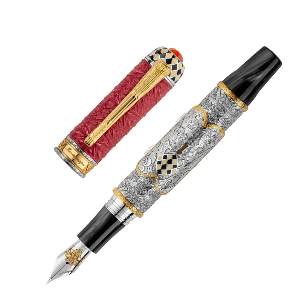 Montegrappa Casanova Füllfederhalter, elegantes Design mit Leder und Sterlingsilber, ausgestattet mit 18k Goldfeder und Kolbenfüllsystem.
