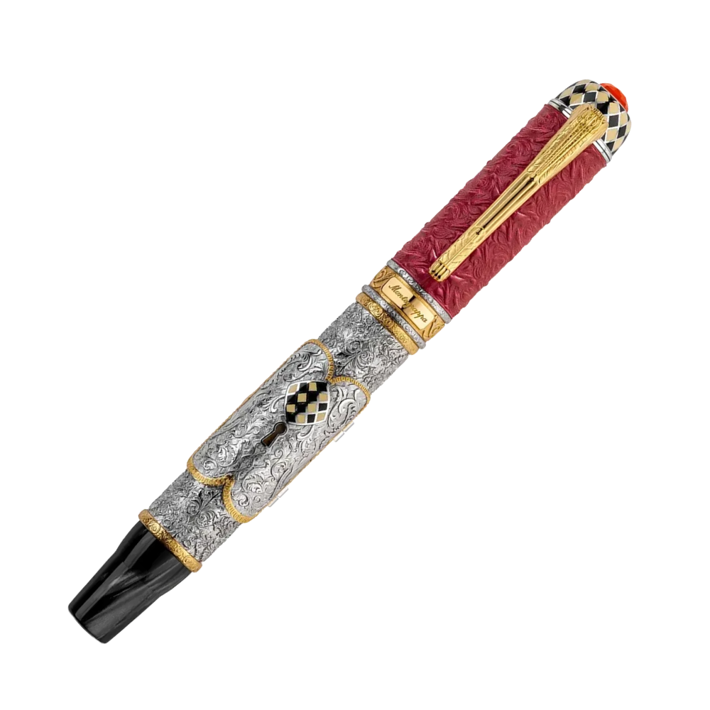Montegrappa Casanova Füllfederhalter mit edlem Ledergehäuse und Sterlingsilberverzierungen, 18k Goldfeder.