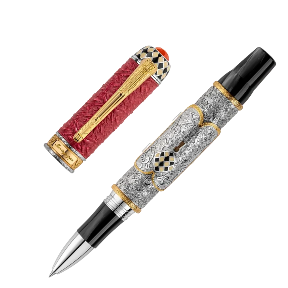 Montegrappa Casanova Rollerball Pen, stilvolle Kombination aus Sterlingsilber und Leder in exklusiver Verpackung.