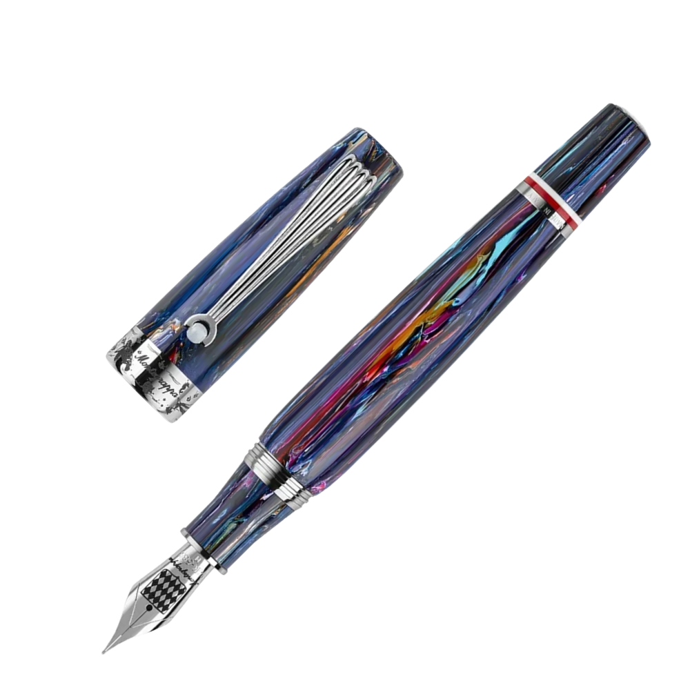 Montegrappa Colori dell'Oceano Füllfederhalter with a striking blue and red resin finish, resting in its premium gift box.