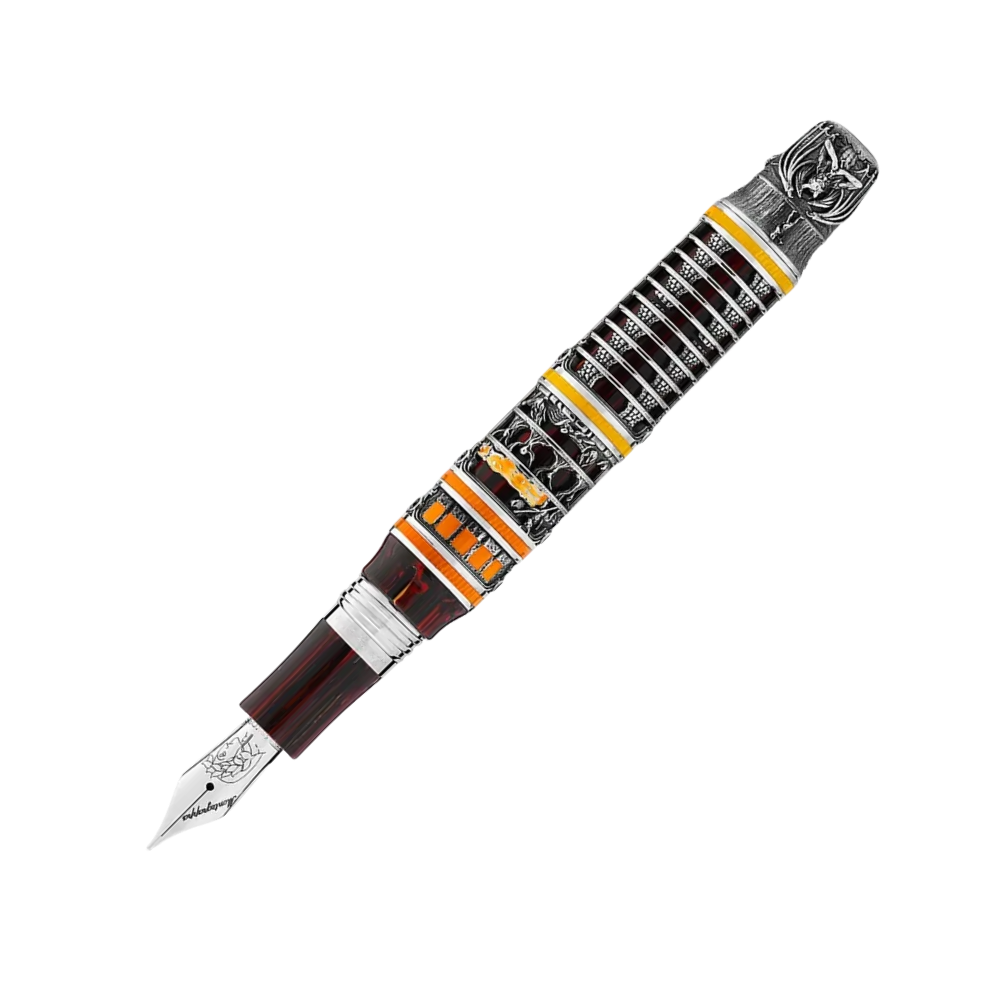 Montegrappa Dante Alighieri Inferno Füllfederhalter, handgefertigtes Kunstharzgehäuse mit Sterlingsilber und Gold.
