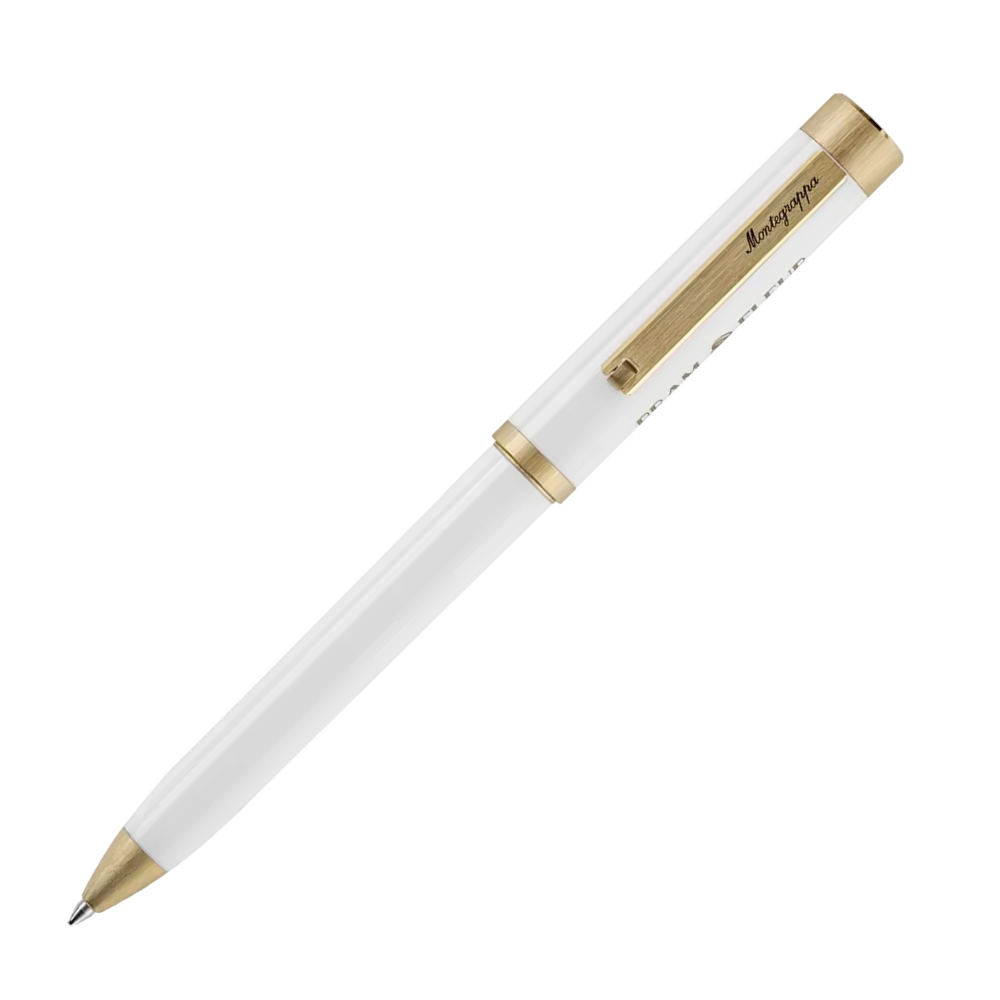 Ein weißer Kugelschreiber mit goldenen Akzenten, in voller Ansicht.