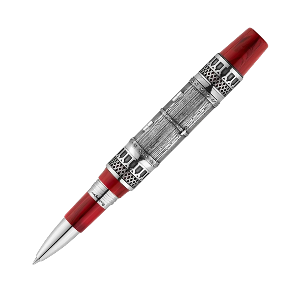 Montegrappa Dracula L.E. Rollerball Pen with a detailed sterling silver design and red resin barrel, resting on a black surface.