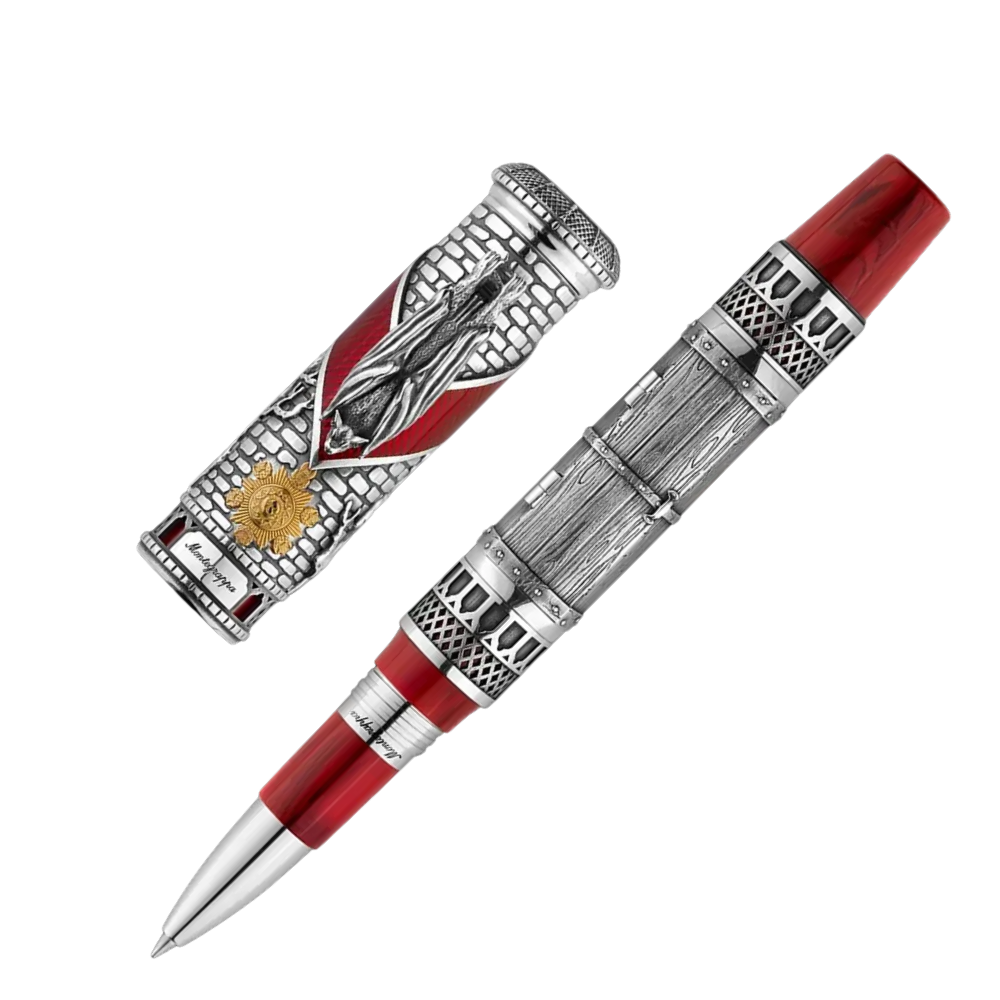 Exclusive Montegrappa Dracula L.E. Rollerball Pen with sterling silver trim and a vibrant red barrel in premium packaging.