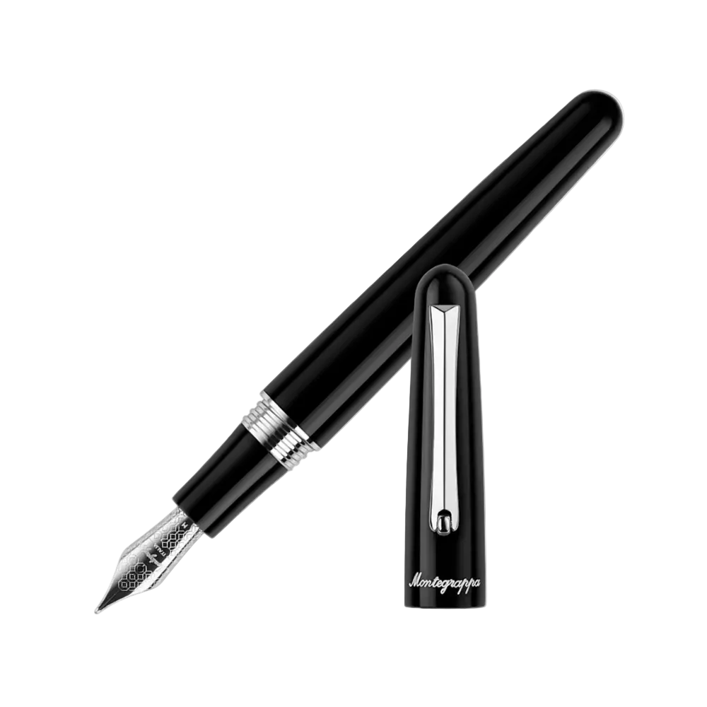 Montegrappa Elmo 01 Fountain Pen - Black: Close-up of the Montegrappa Elmo 01 fountain pen in black, showcasing its elegant design and stainless steel nib.