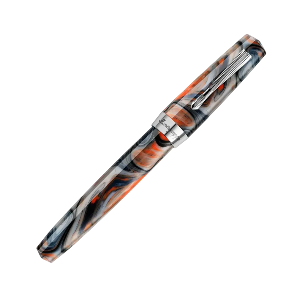 Montegrappa Elmo 02 Croda Rossa Fountain Pen, angled side view highlighting the resin barrel and stainless steel trim.