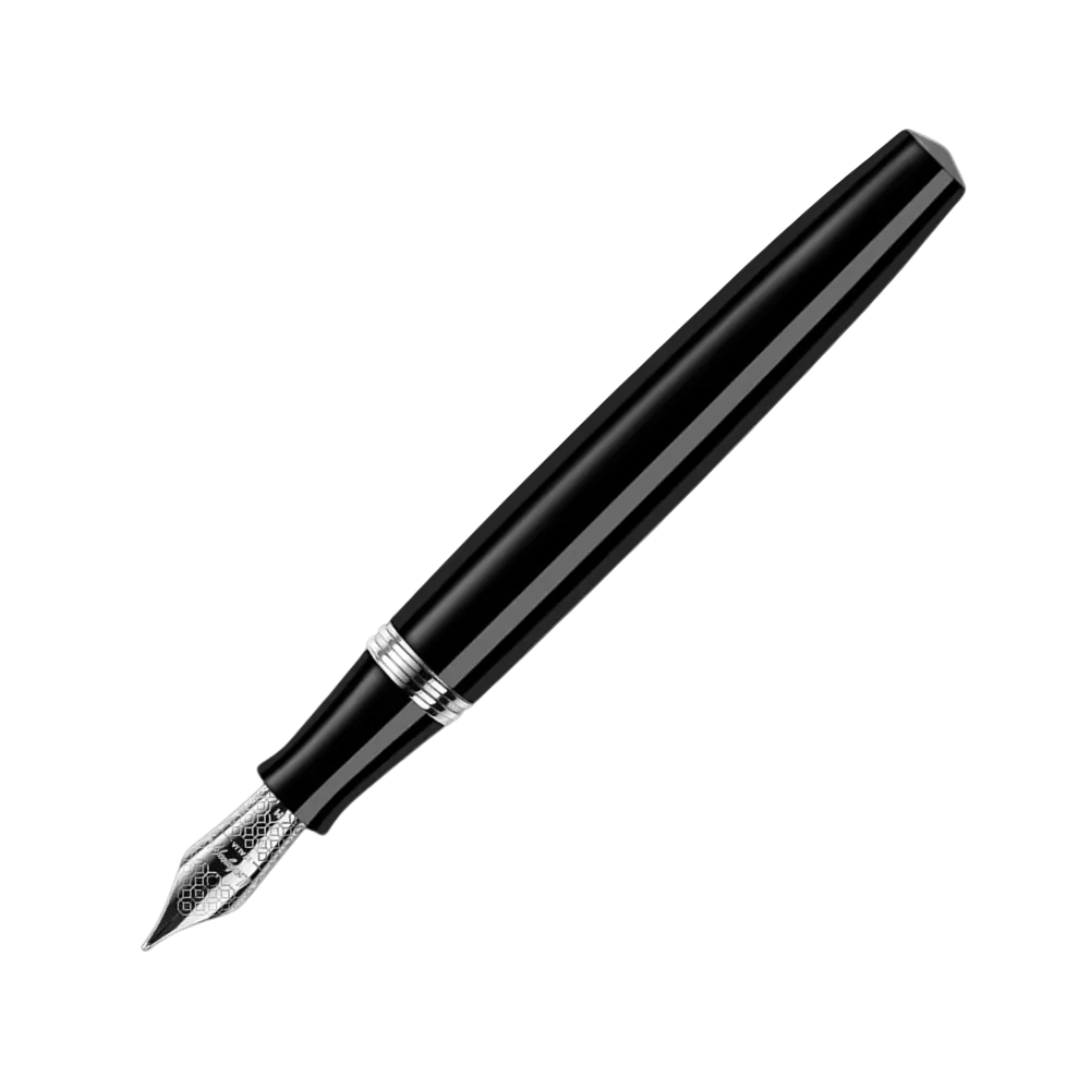 Montegrappa Elmo 02 Jet Black Fountain Pen with cap removed, highlighting the design.