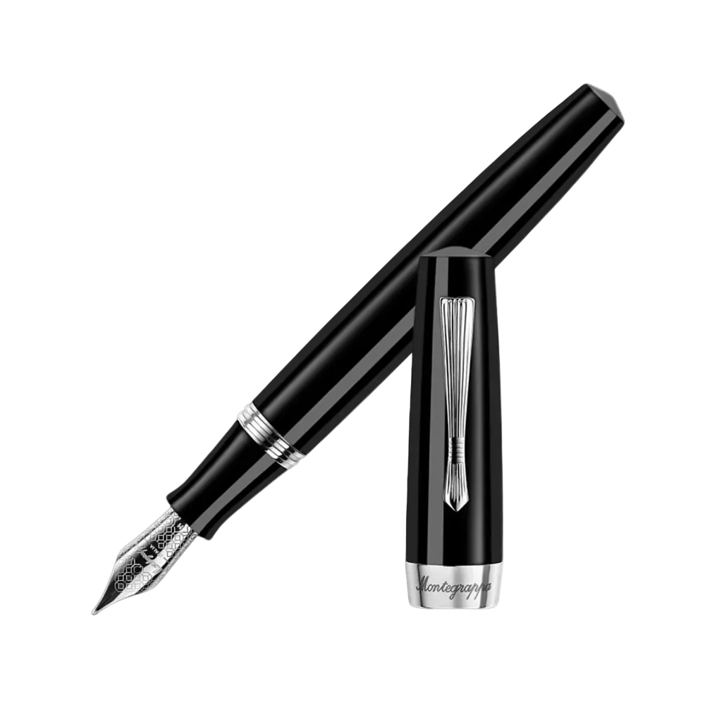 Montegrappa Elmo 02 Jet Black Fountain Pen, front view showcasing the nib and cap.