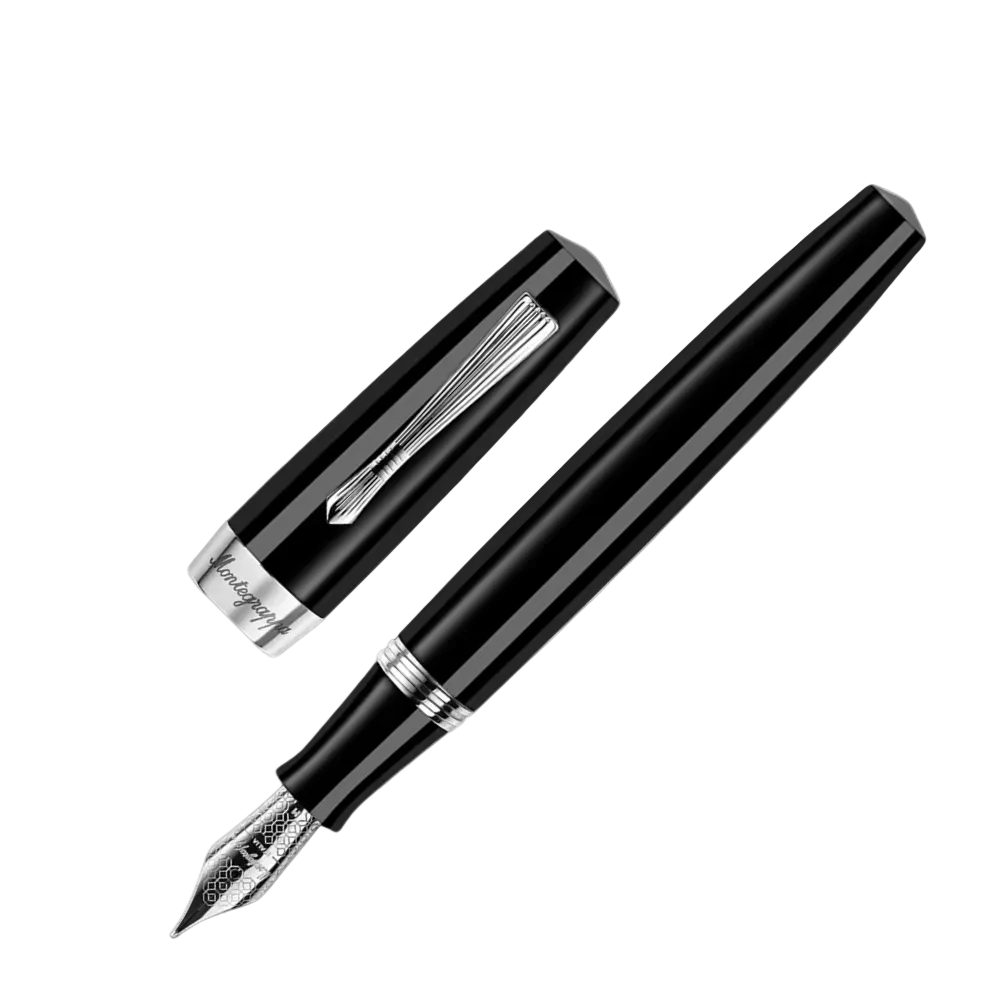 Montegrappa Elmo 02 Jet Black Fountain Pen shown from the side at an angle, emphasizing its sleek form.