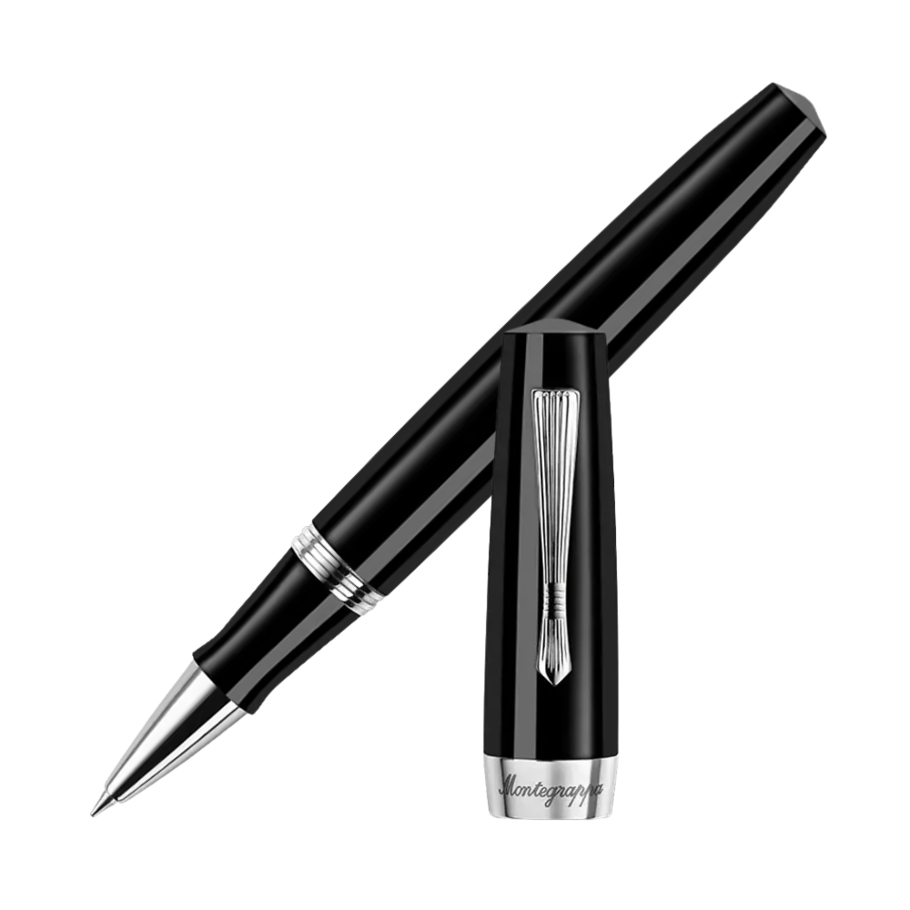Montegrappa Elmo 02 Jet Black Rollerball Pen, elegantes Design mit Edelstahl- und Messing-Akzenten