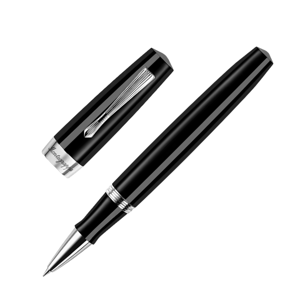 Montegrappa Elmo 02 Jet Black Rollerball Pen, Nahaufnahme der Kappe und Spitze