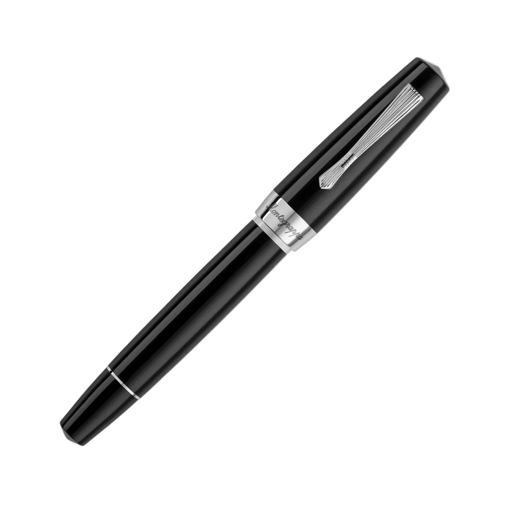 Montegrappa Elmo 02 Plus Fountain Pen in Night, side view showcasing the polished resin barrel and stainless steel trim.