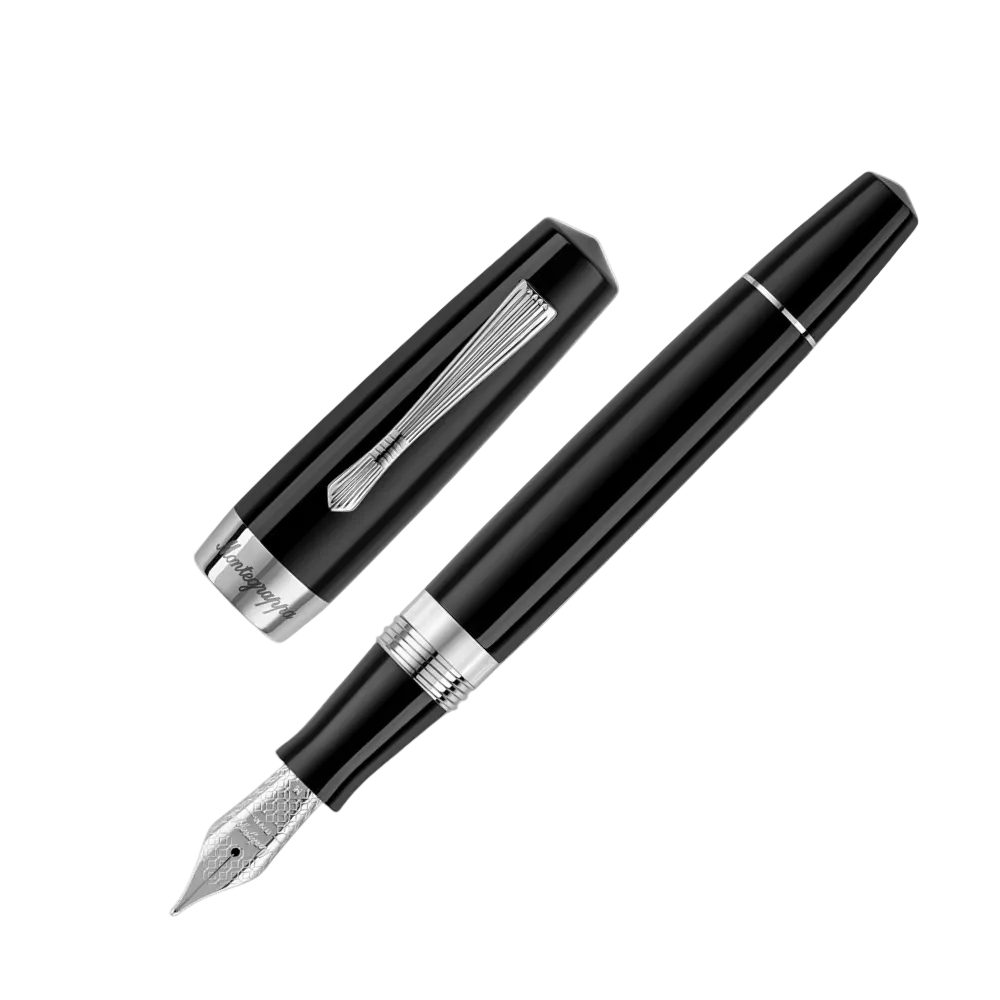 Montegrappa Elmo 02 Plus Fountain Pen in Night, close-up of the nib and detailed trim accents.