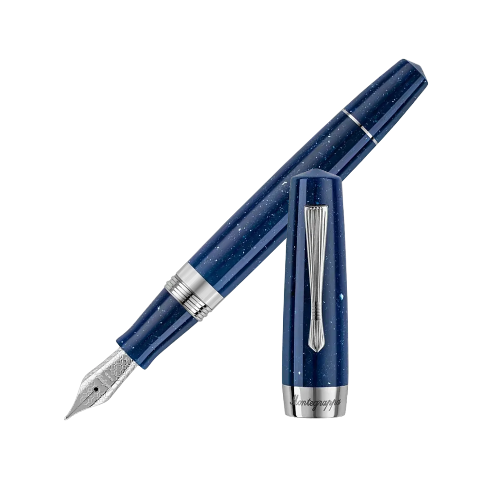 Montegrappa Elmo 02 Plus Interstellar Fountain Pen, front view showcasing the nib and blue resin design.
