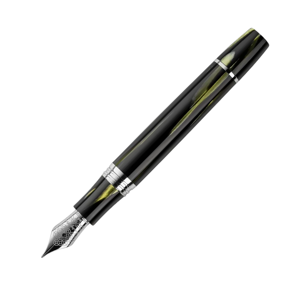 Montegrappa Extra 1930 Bamboo Black Fountain Pen, close-up of the nib and detailing on the barrel.