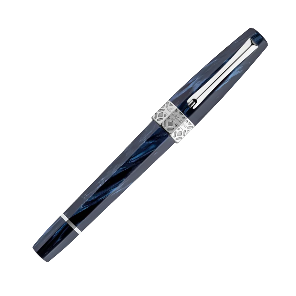 Montegrappa Extra Otto Dark Blue Fountain Pen, side view highlighting the sterling silver trim.