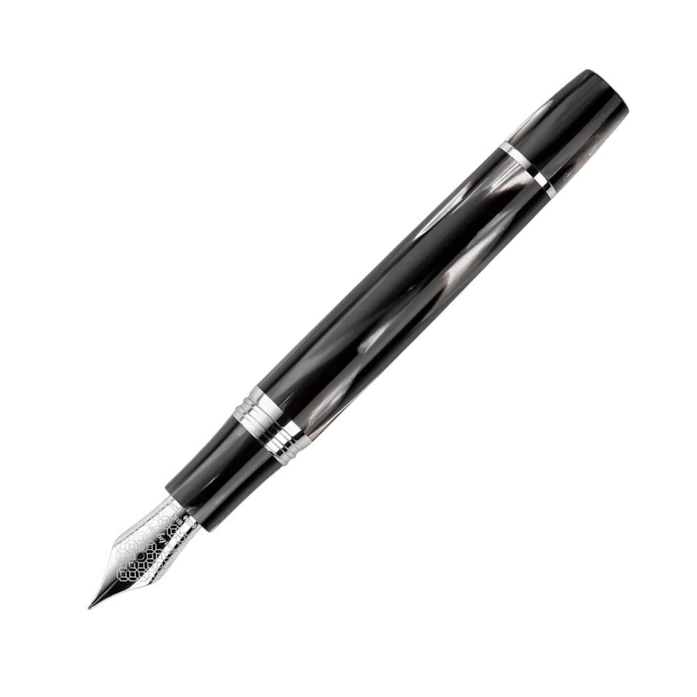 Montegrappa Extra 1930 Black & White Fountain Pen, close-up of the nib and detailing on the barrel.