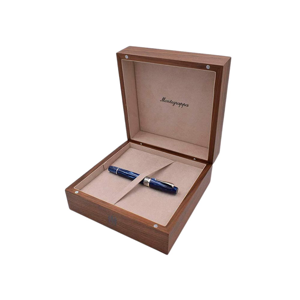 Montegrappa Extra 1930 Mediterranean Blue Fountain Pen displayed inside a premium gift box.