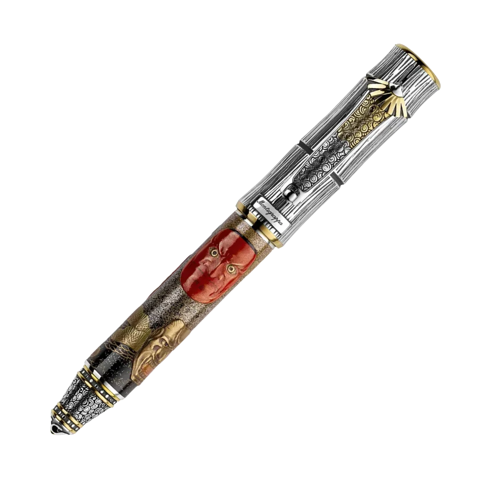 Montegrappa Kitcho Noh Masks Füllfederhalter mit detaillierten Noh-Masken und 18k Goldfeder.