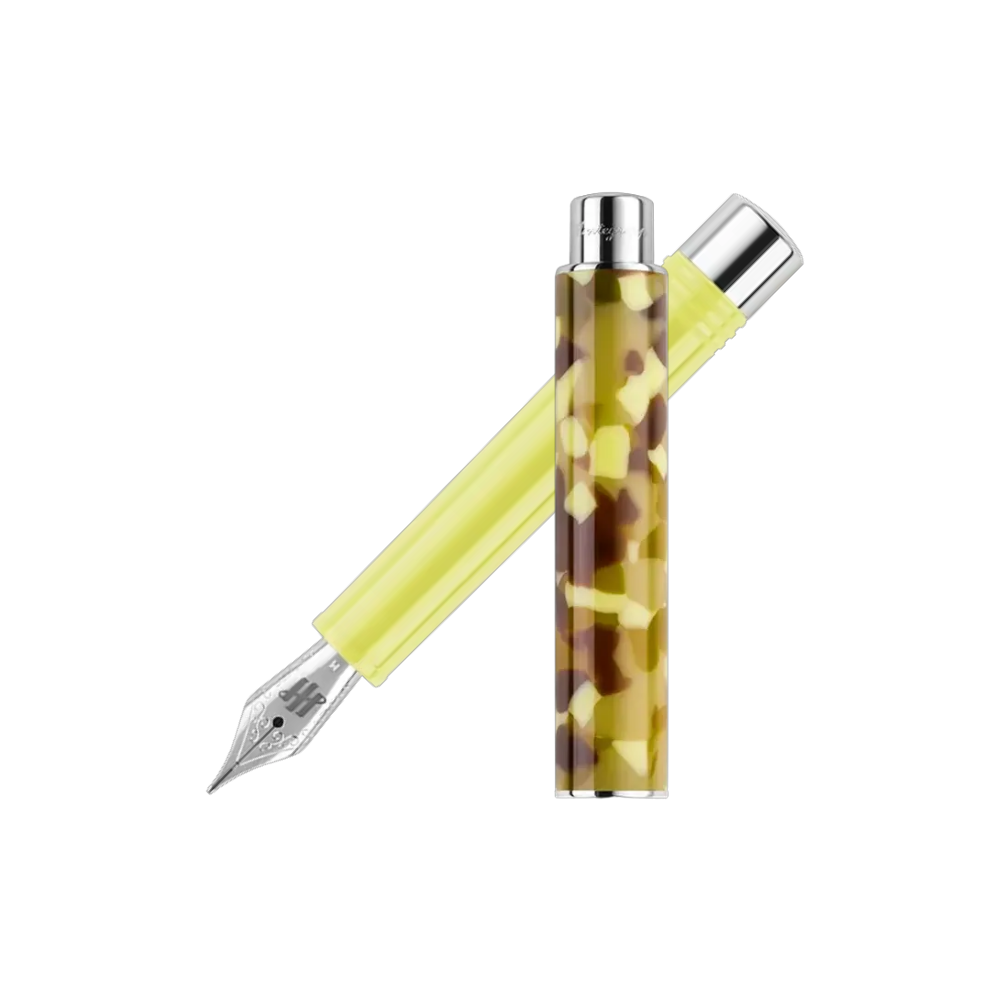 Montegrappa Gnomo Obsession Buttermilk Steel Fountain Pen, front view showcasing the nib and yellow and brown resin design.