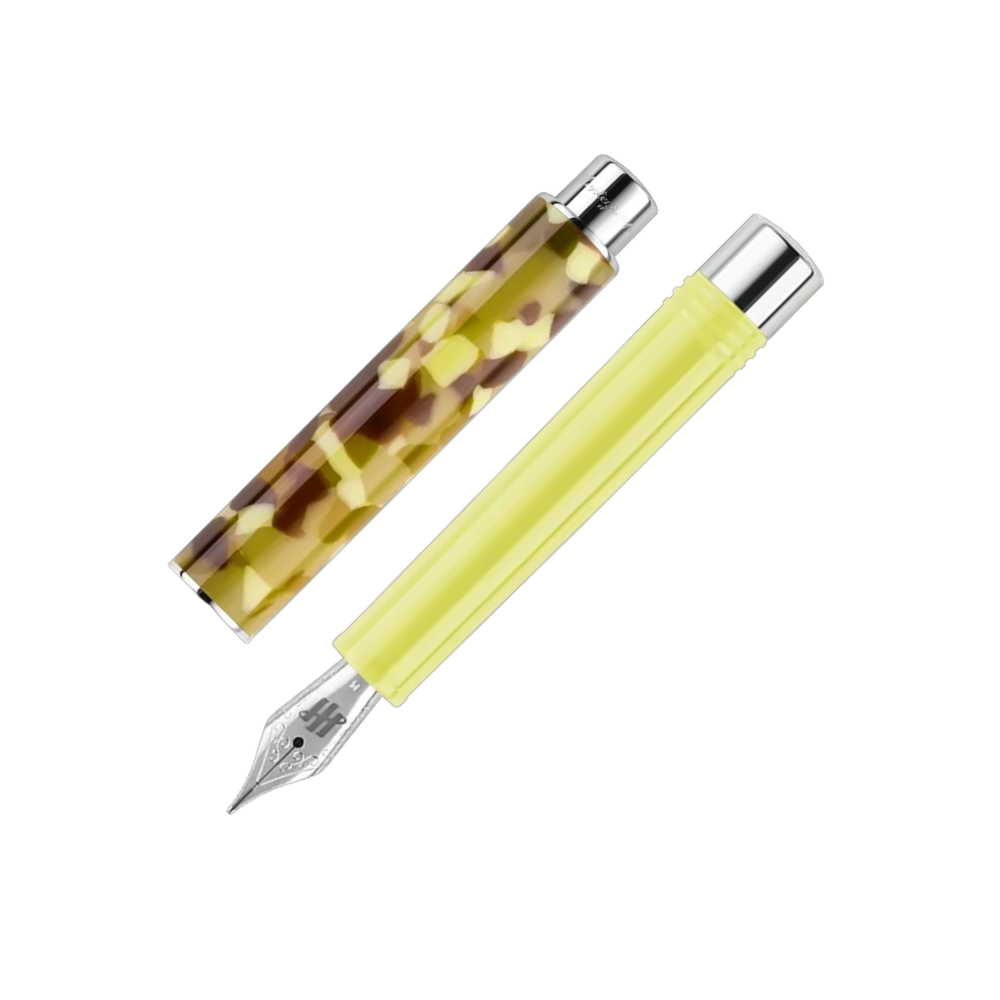 Montegrappa Gnomo Obsession Buttermilk Steel Fountain Pen, close-up of the nib with detailed trim accents.