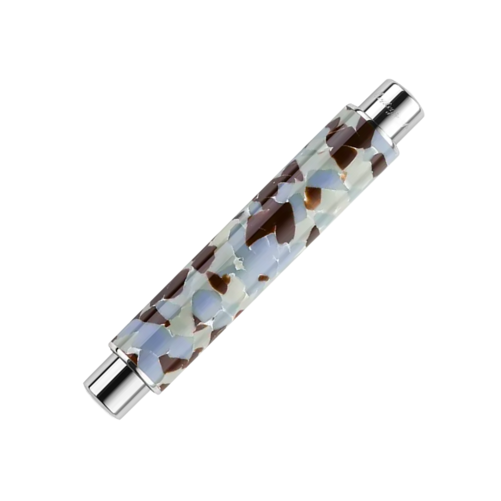 IMontegrappa Gnomo Obsession Mocha Steel Fountain Pen, side view highlighting the stainless steel trim and barrel pattern.