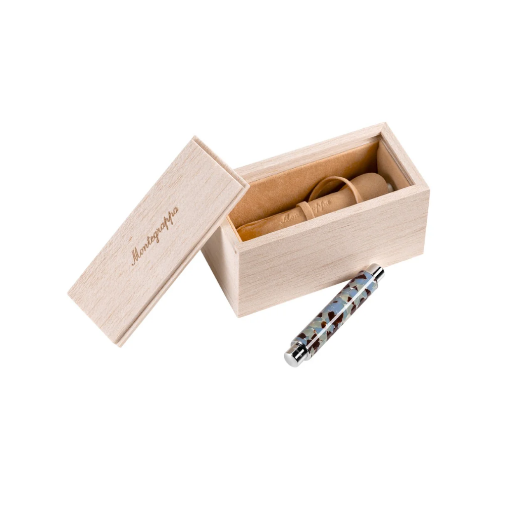Montegrappa Gnomo Obsession Mocha Steel Fountain Pen displayed inside a premium gift box.