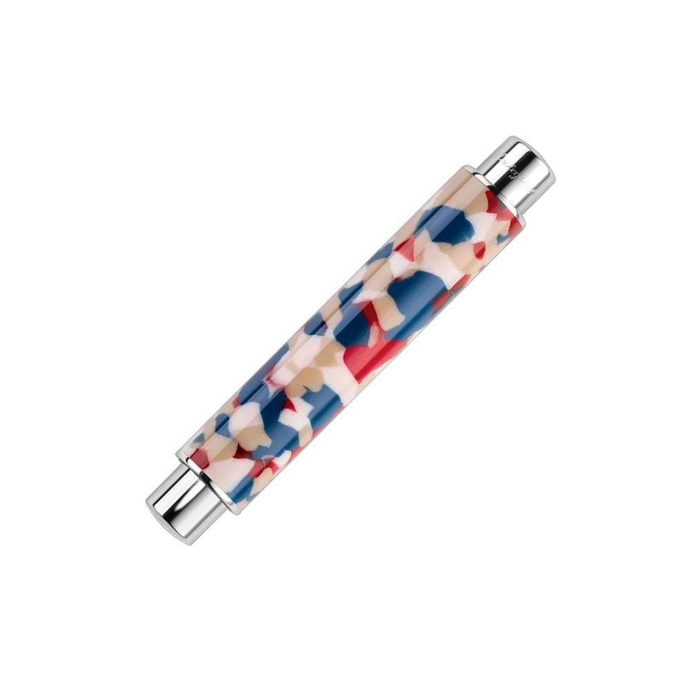 Montegrappa Gnomo Obsession Ultramarine Steel Fountain Pen, side view highlighting the contrasting resin patterns and stainless steel trim.