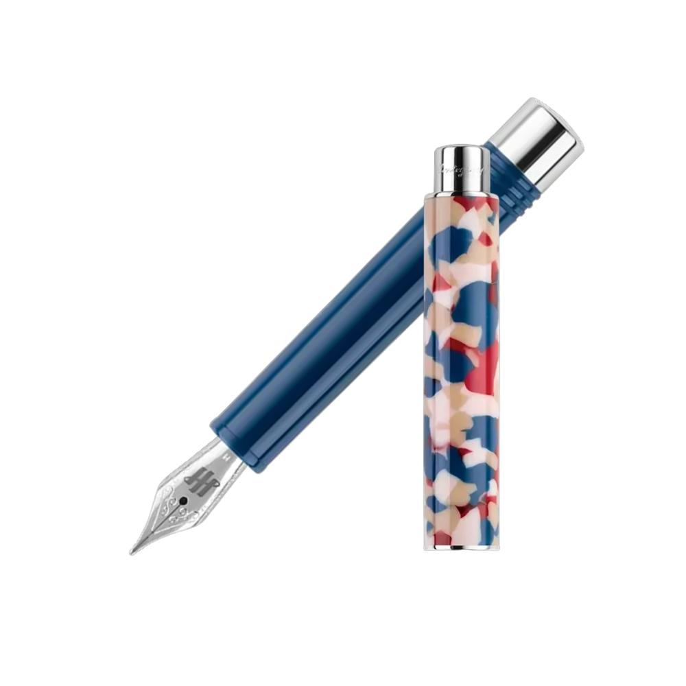 Montegrappa Gnomo Obsession Ultramarine Steel Fountain Pen, front view showcasing the nib and colorful resin design.