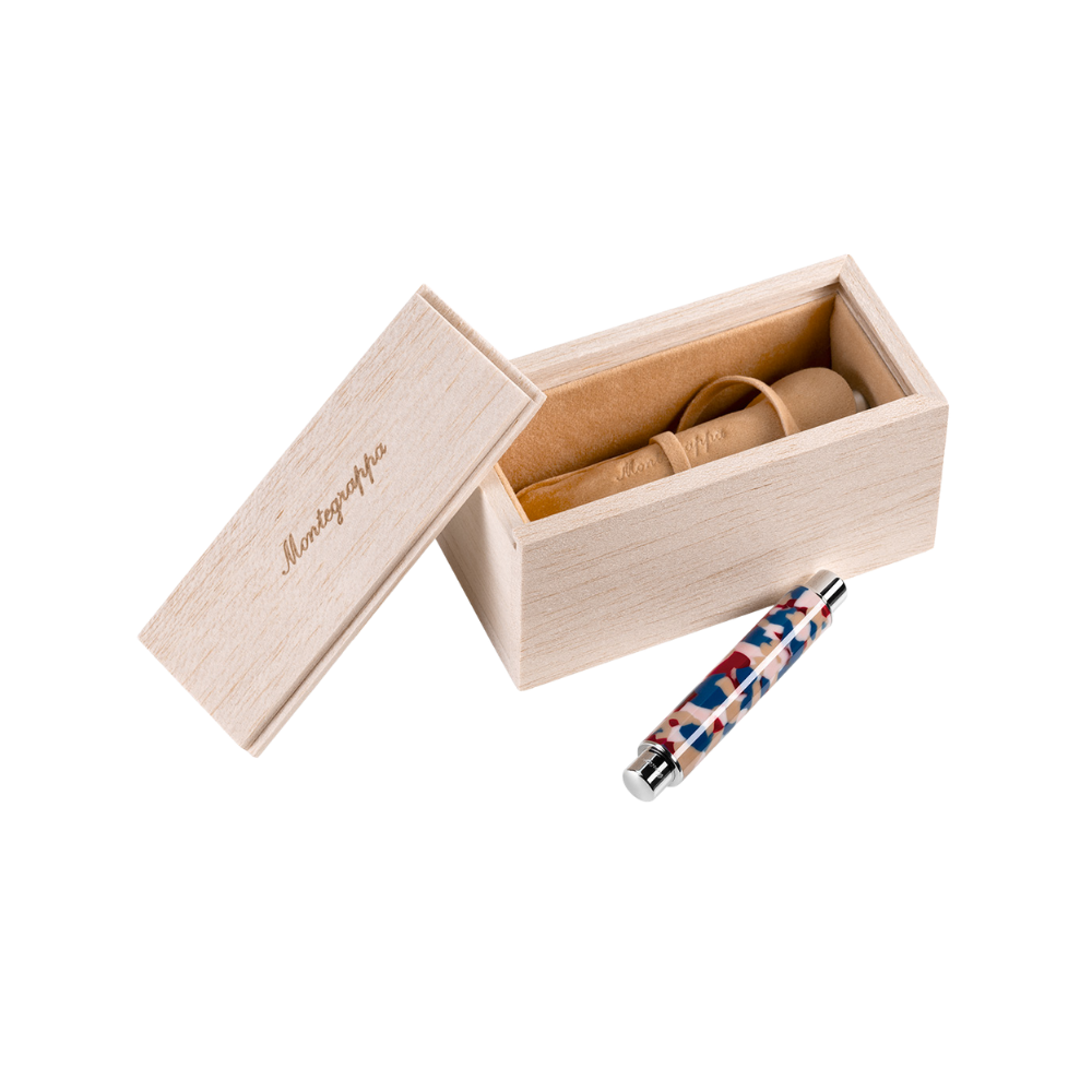 Montegrappa Gnomo Obsession Ultramarine Steel Fountain Pen displayed inside a premium gift box.