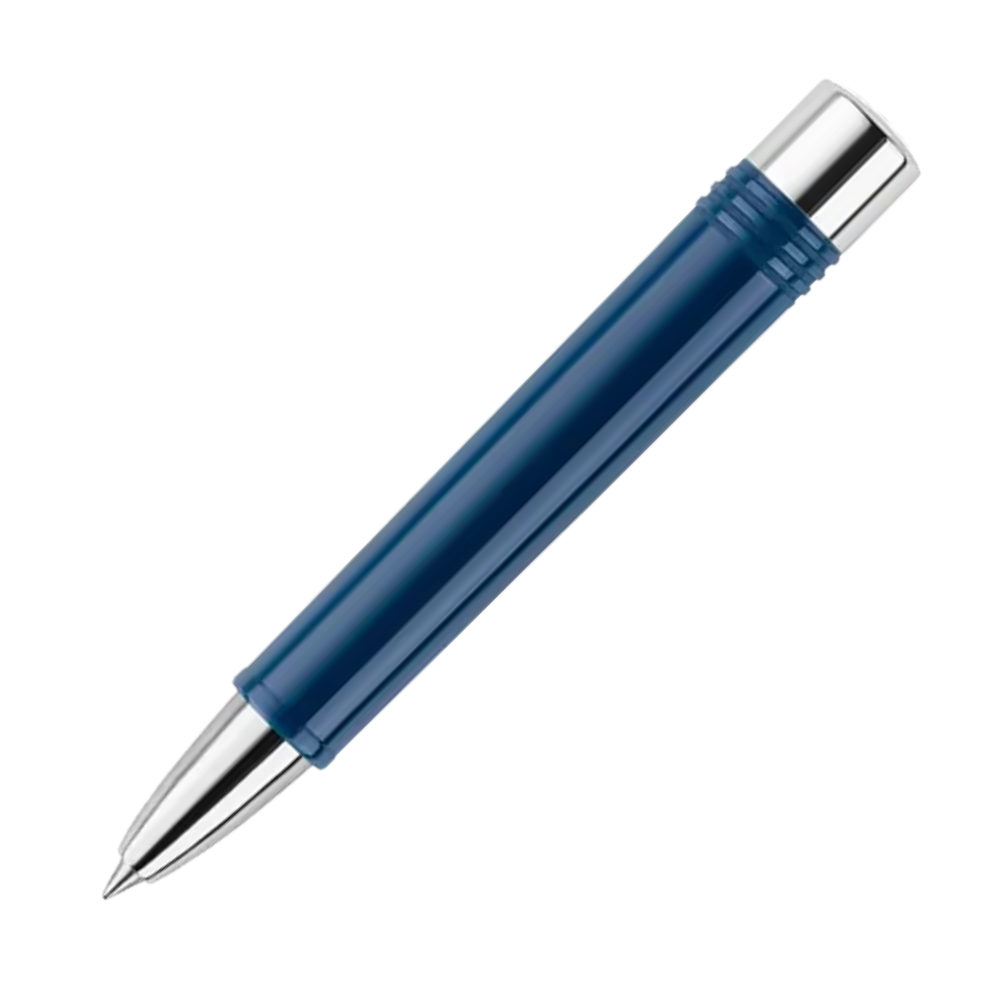 Montegrappa Gnomo Obsession Ultramarine Steel Rollerball Pen, seitliche Ansicht mit Edelstahlspitze